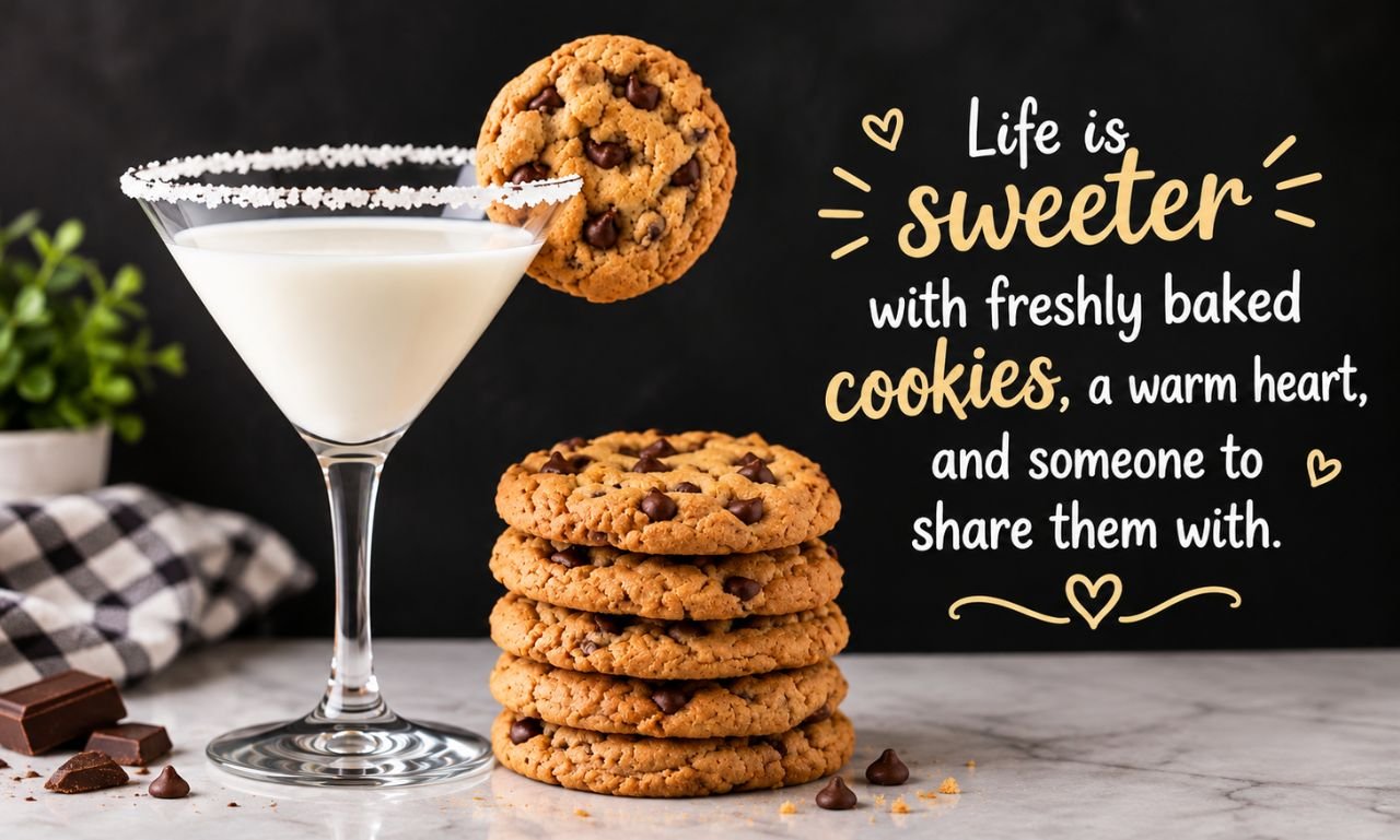 Quotes about cookies featuring chocolate chip cookies, a glass of milk, and a sweet inspirational message.