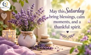 Saturday blessings images and quotes with lavender flowers, peaceful stones, and a calming message.
