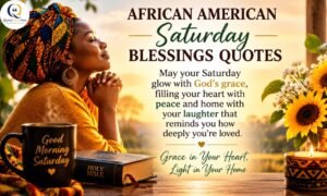 Spiritual African American Saturday morning blessings with a peaceful prayer scene, Bible, flowers, and candle.