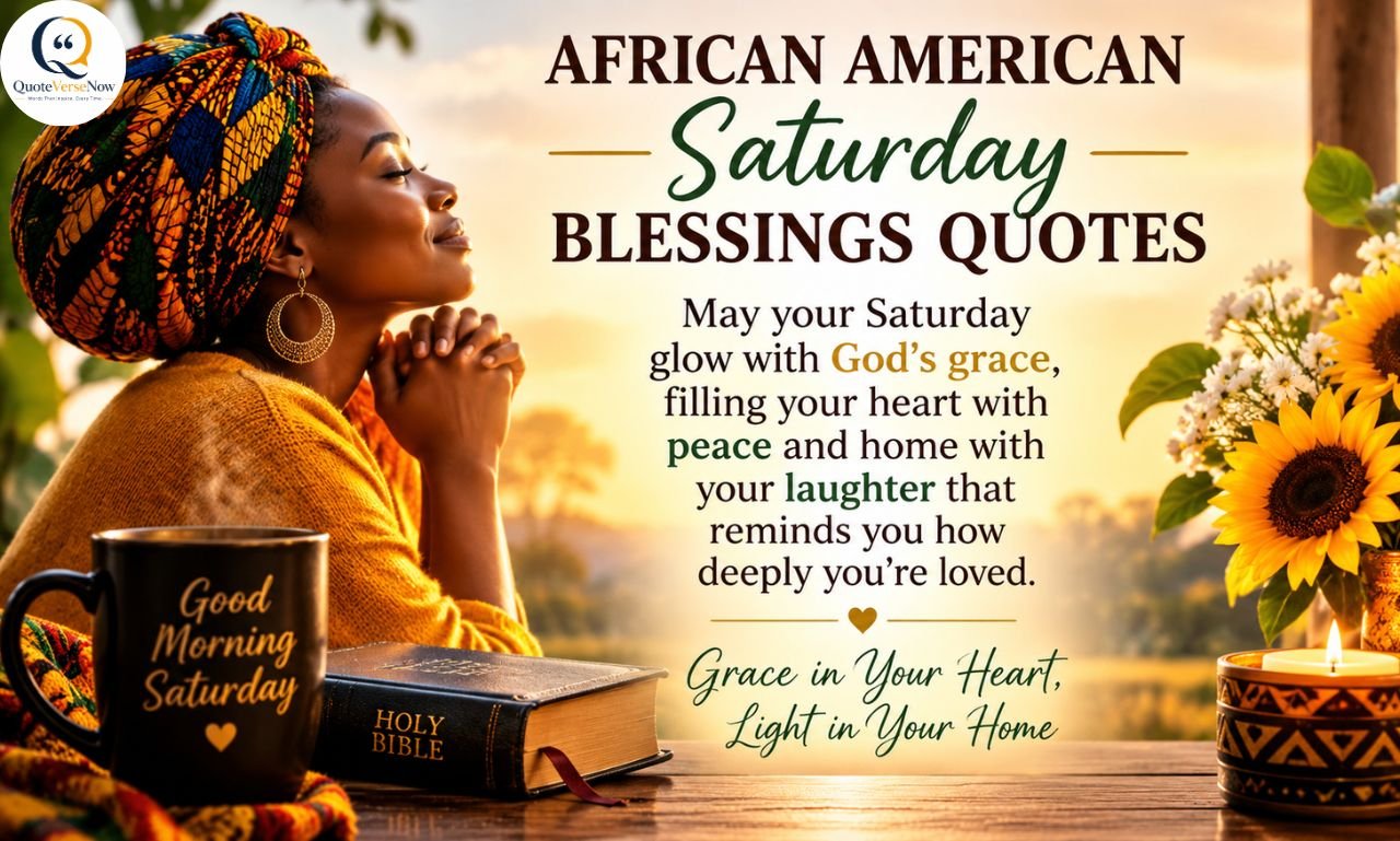 Spiritual African American Saturday morning blessings with a peaceful prayer scene, Bible, flowers, and candle.