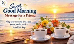Sweet good morning message for a friend with sunrise, ocean view, flowers, and two cups of coffee.
