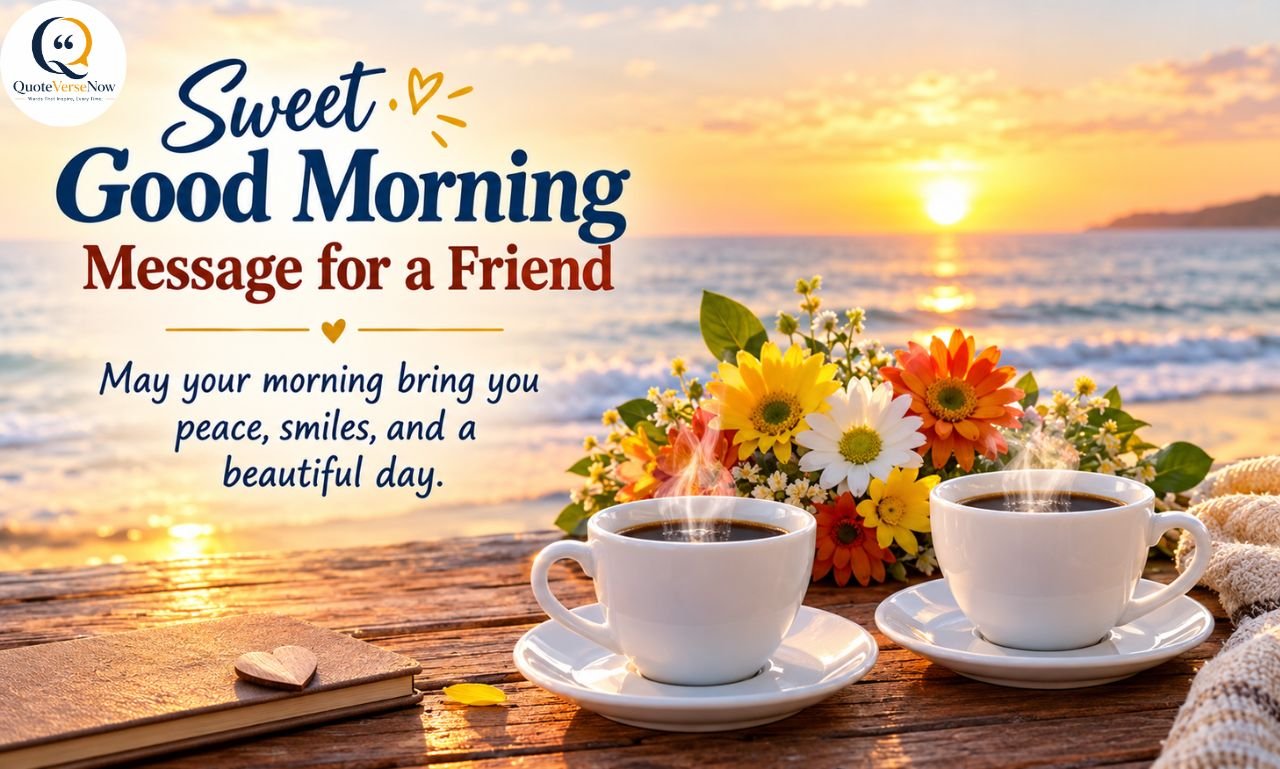 Sweet good morning message for a friend with sunrise, ocean view, flowers, and two cups of coffee.