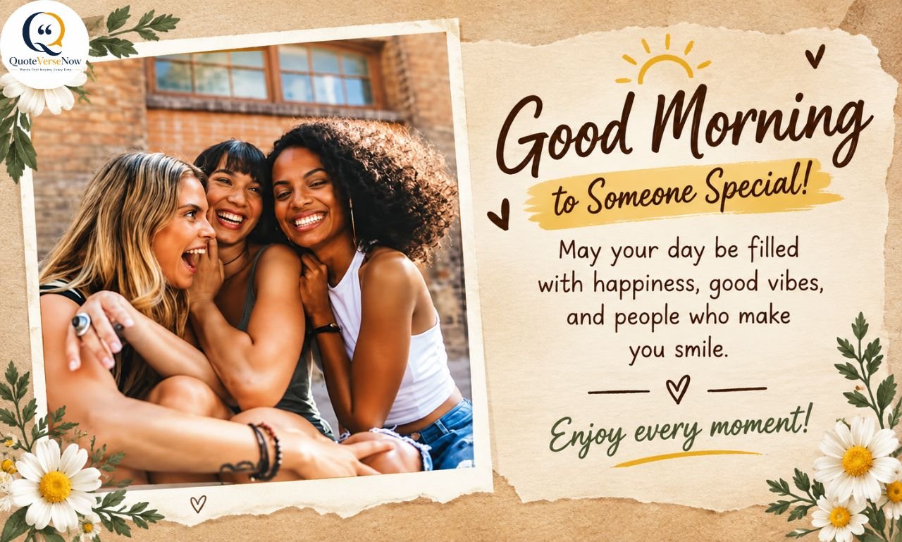 Good morning friendship message with three friends smiling together in a scrapbook-style collage.