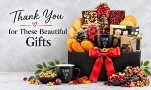 Thank You for These Beautiful Gifts featuring a gourmet gift hamper with chocolates, cookies, nuts, and a red ribbon.