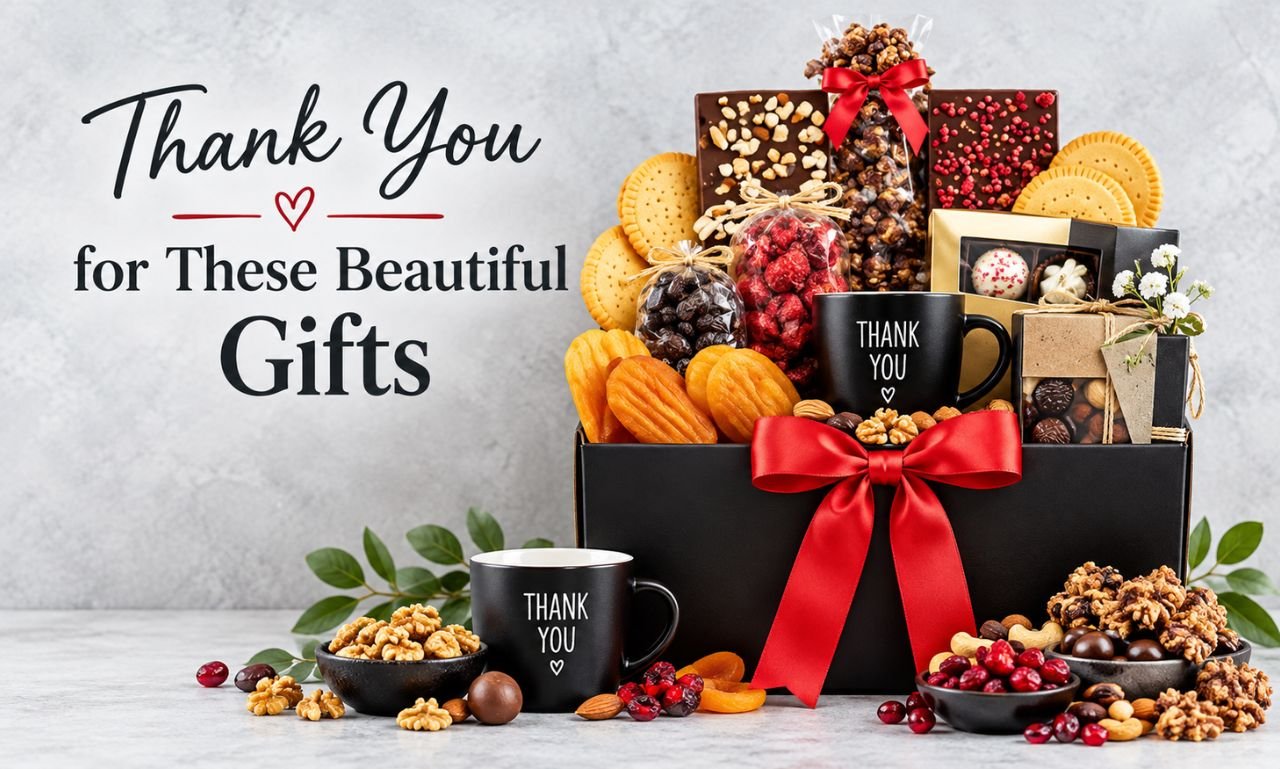 Thank You for These Beautiful Gifts featuring a gourmet gift hamper with chocolates, cookies, nuts, and a red ribbon.